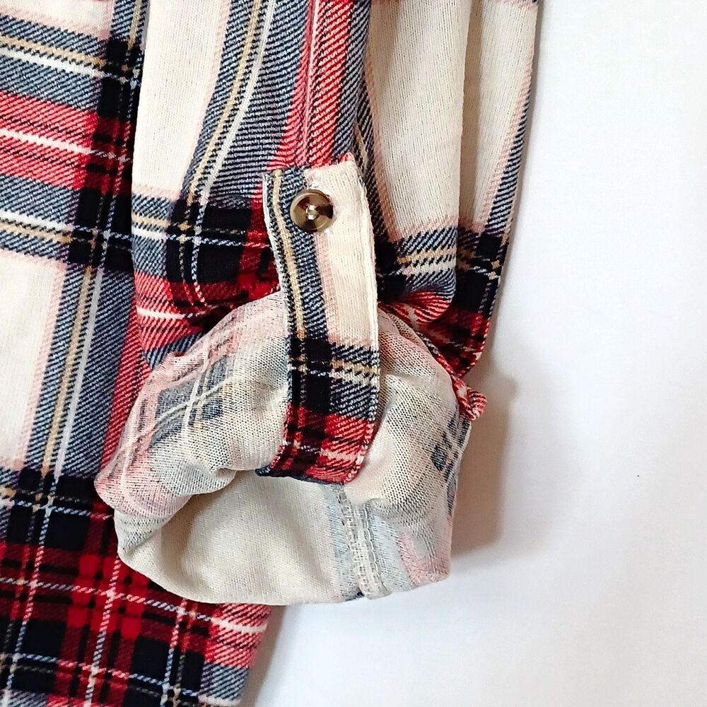 Eden & Olivia Women's S Plaid Hooded Button Up Flannel Top Jacket Ivory/Red/Blk - Picture 4 of 10